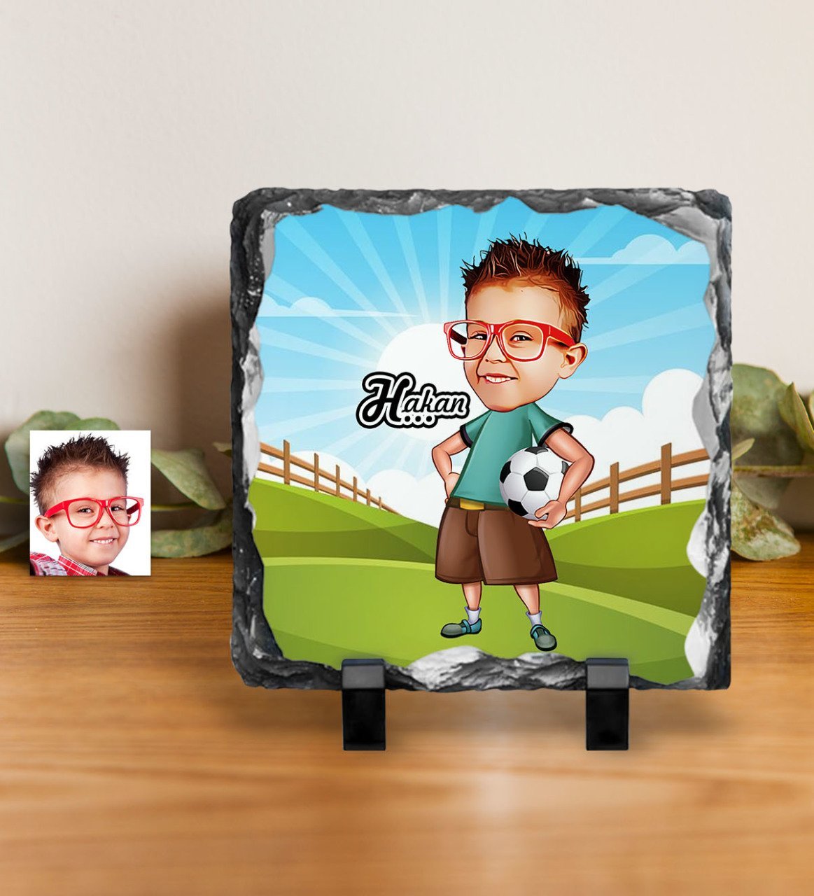 Kişiye Özel Çocuk Futbolcu Karikatürlü Dekoratif Doğal Taş