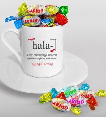 Kişiye Özel Hala Tasarımlı Türk Kahvesi Fincanı ve Haribo Şeker Hediye Seti-1