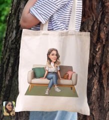 BK Gift Kişiye Özel Kadın Karikatürlü Kanvas Bez Plaj Çantası Baskılı Omuz Çantası-11, Alışveriş Çantası, Arkadaşa Hediye