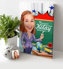 Kişiye Özel Bayan Öğretmen Karikatür Kanvas Tablo (30 x 50 cm.) 1