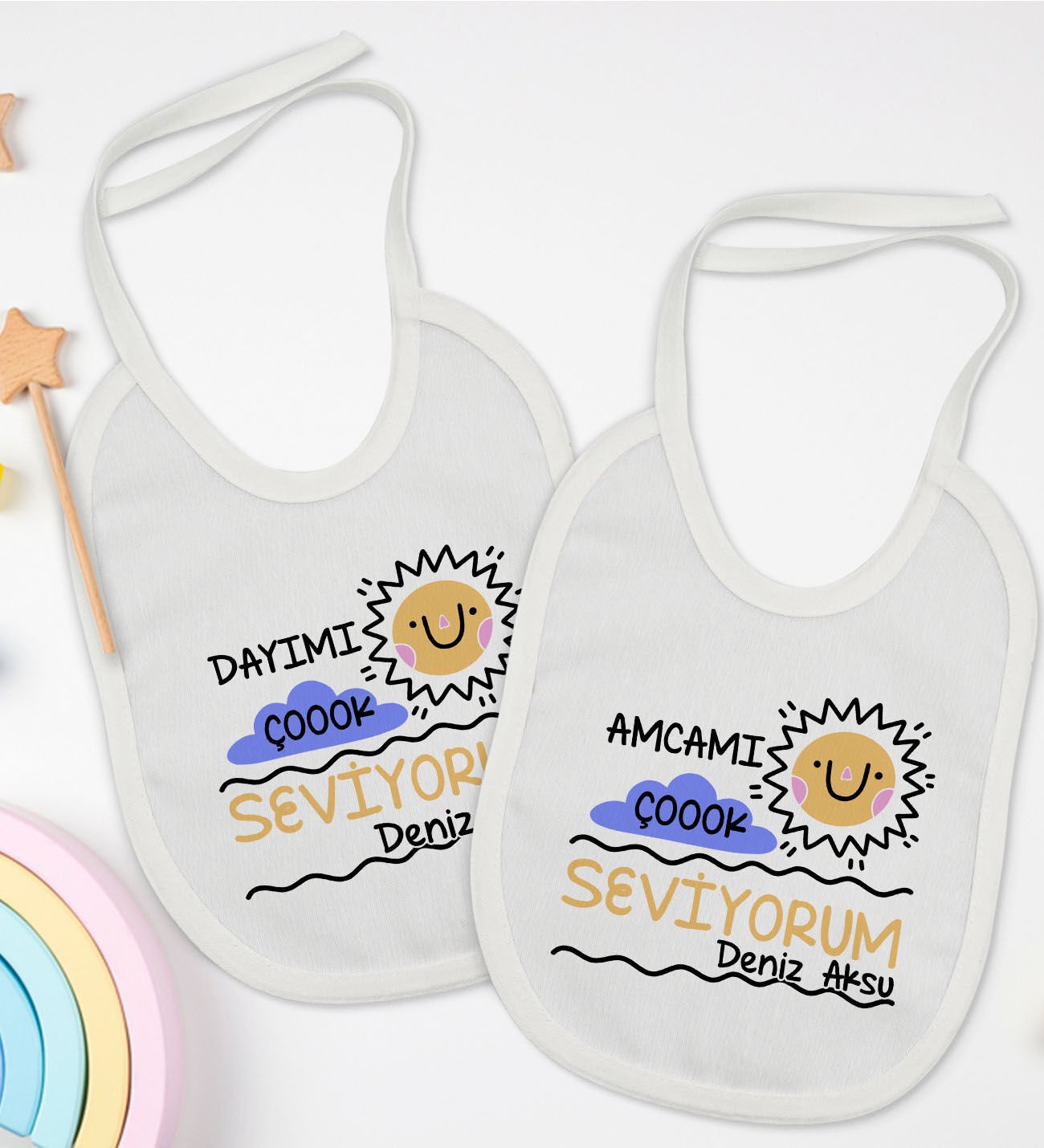 BK Kids Kişiye Özel Dayı ve Amca Tasarımlı 2’li Beyaz Mama Önlüğü-1