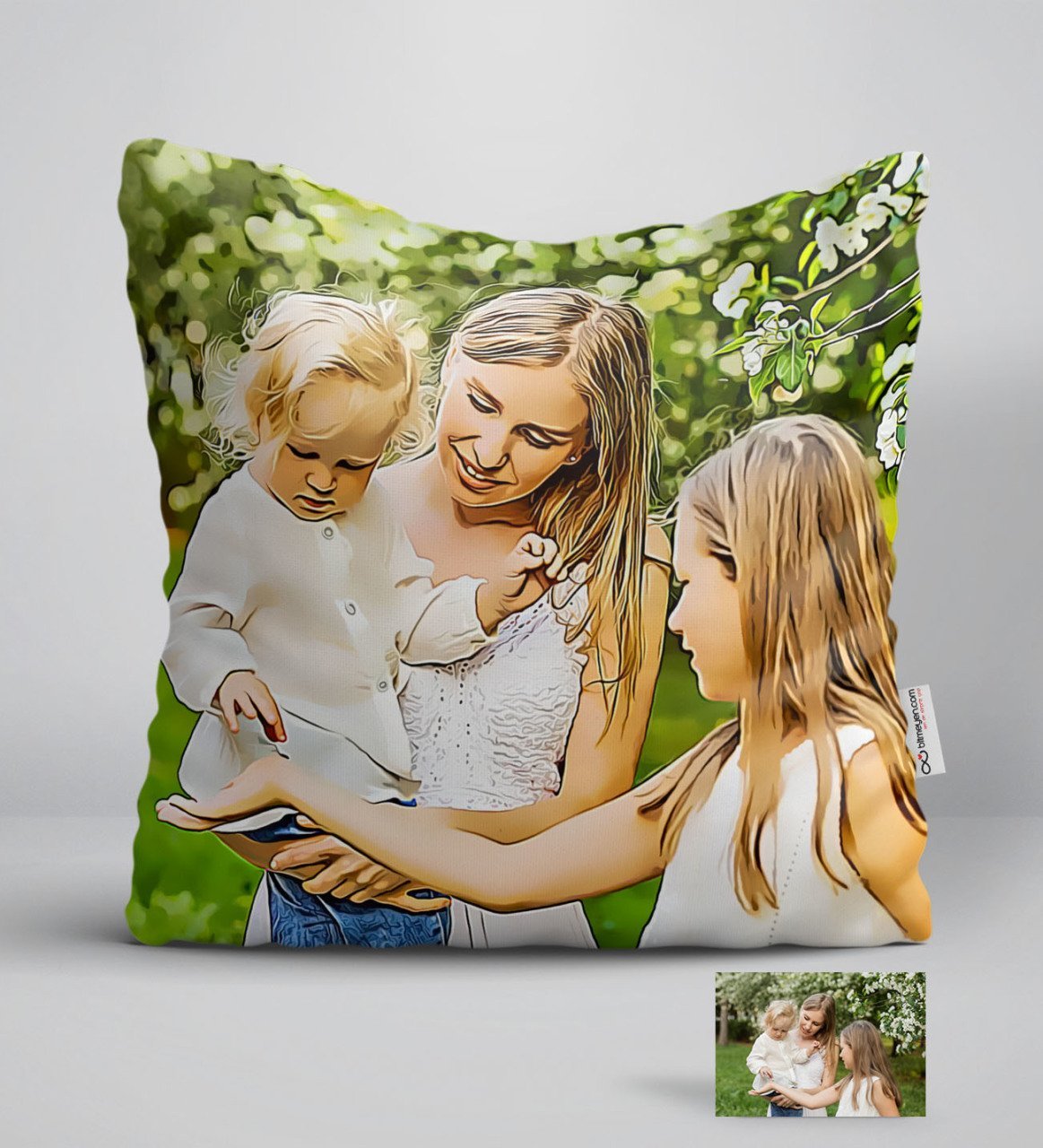 Kişiye Özel Tam Boy Anne ve Çocuklar Karikatürlü Beyaz Yastık-1