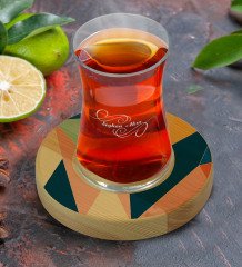 Kişiye Özel Modern Art Tasarımlı Doğal Ahşap Tabaklı Heybeli Çay Bardağı Model 8