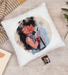 BK Gift Kişiye Özel Karikatür Portre Beyaz Yastık, Illustrasyon Portre, Arkadaşa Hediye, Sevgiliye Hediye, Ev Hediyesi-3