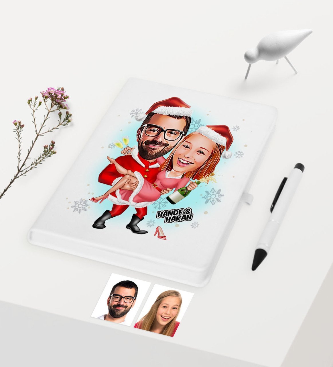 Kişiye Özel Yılbaşı Temalı Sevgililer Karikatürlü Beyaz Defter Kalem Seti - 2