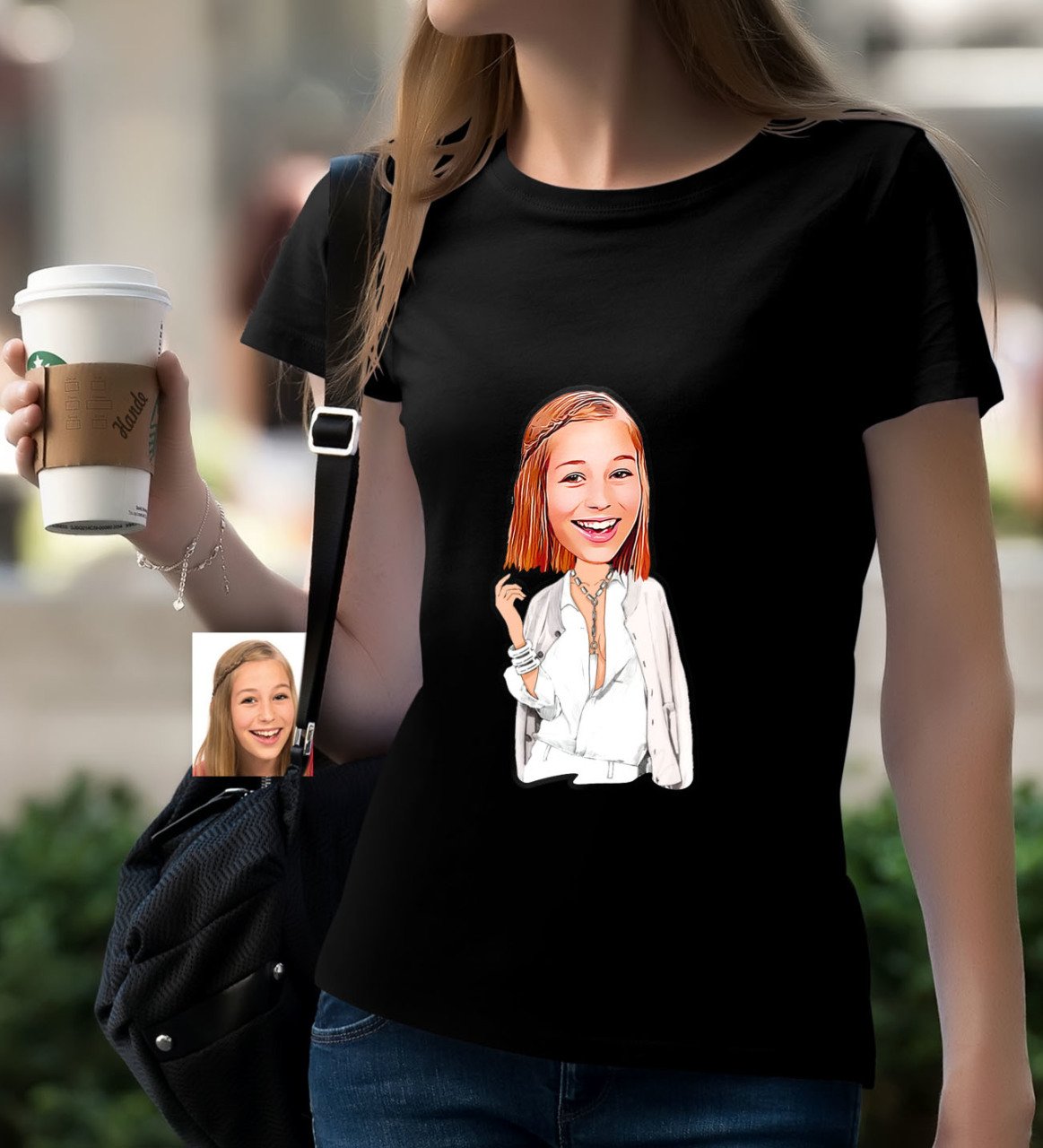 Kişiye Özel Bayan Model Karikatürlü Siyah T-Shirt