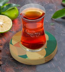 Kişiye Özel Modern Art Tasarımlı Doğal Ahşap Tabaklı Heybeli Çay Bardağı Model 9