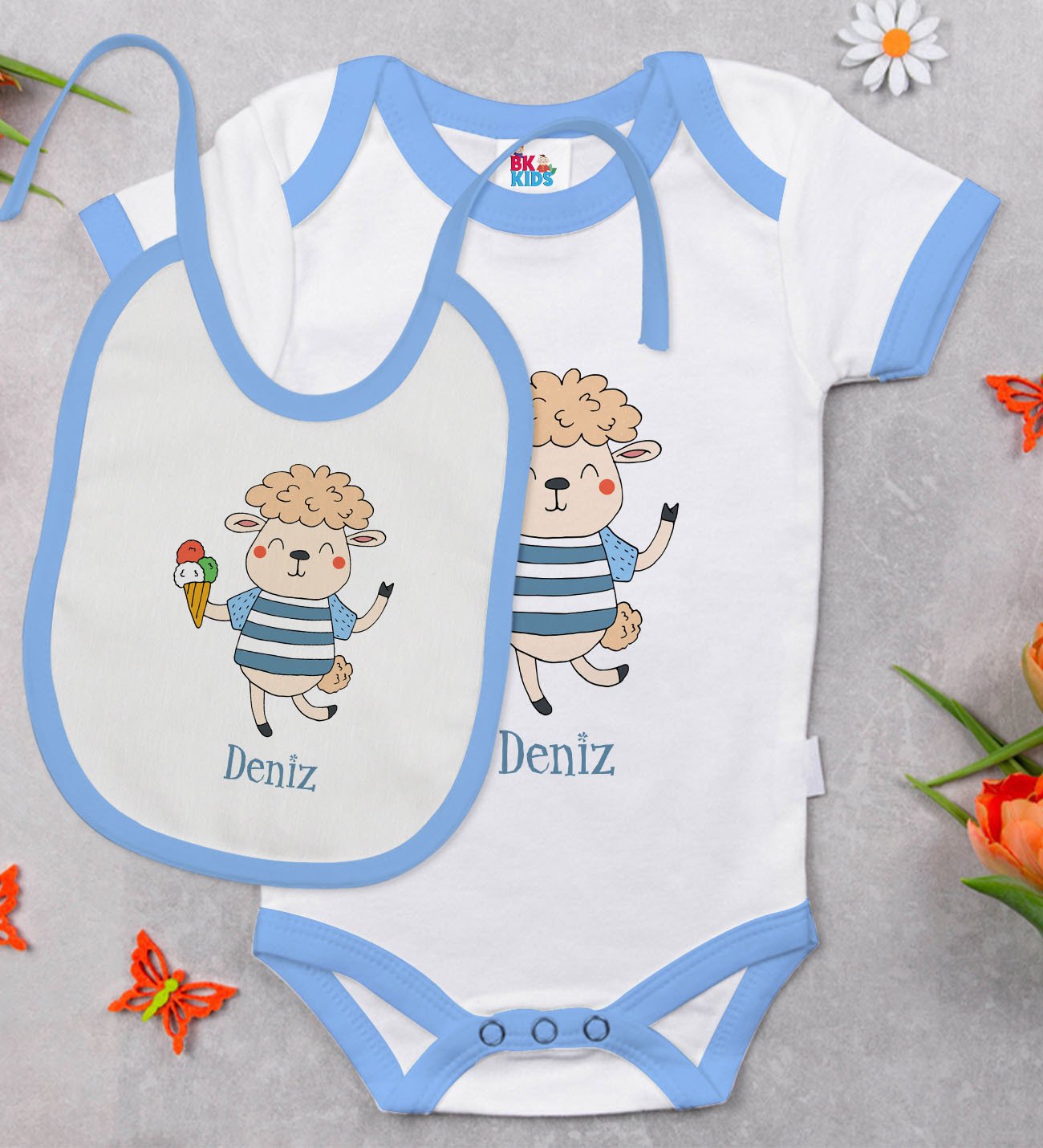 BK Kids Kişiye Özel İsimli Mavi Bebek Body Zıbın ve Mama Önlüğü Hediye Seti-22