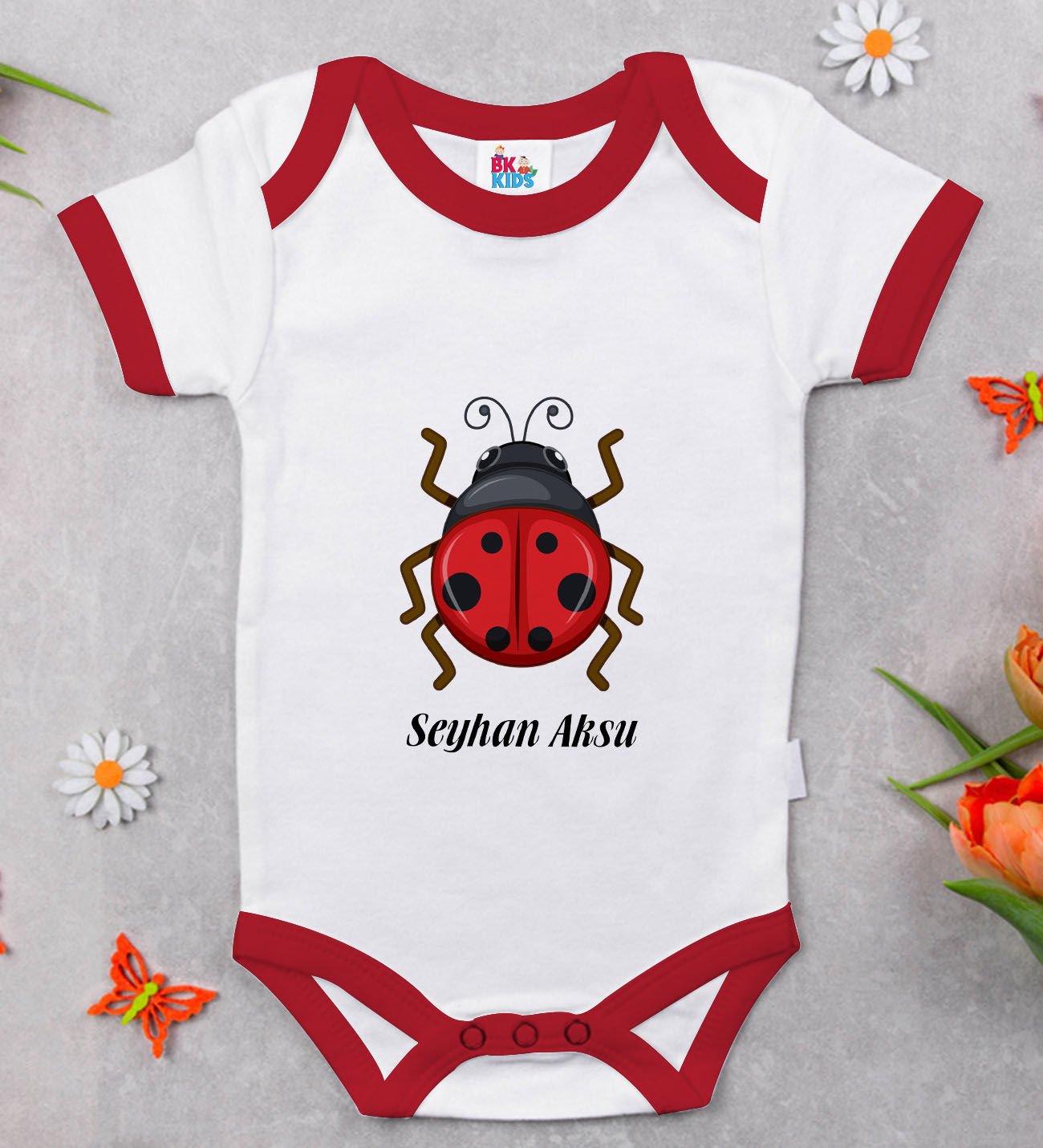 BK Kids Kişiye Özel Uğur Böceği Tasarımlı Kırmızı Bebek Body Zıbın-1