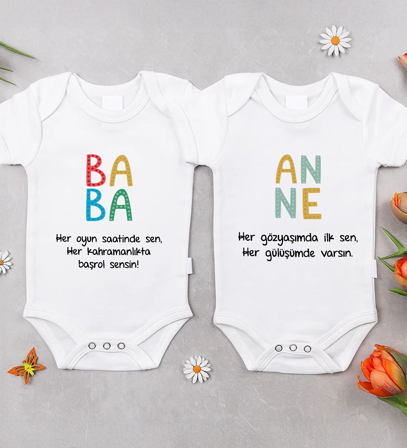 BK Kids Anne-Baba Tasarımlı 2'li Bebek Body Zıbın - 8, Anneler Günü Hediyesi, Babalar Günü Hediyesi, Yeni Doğan Hediyesi