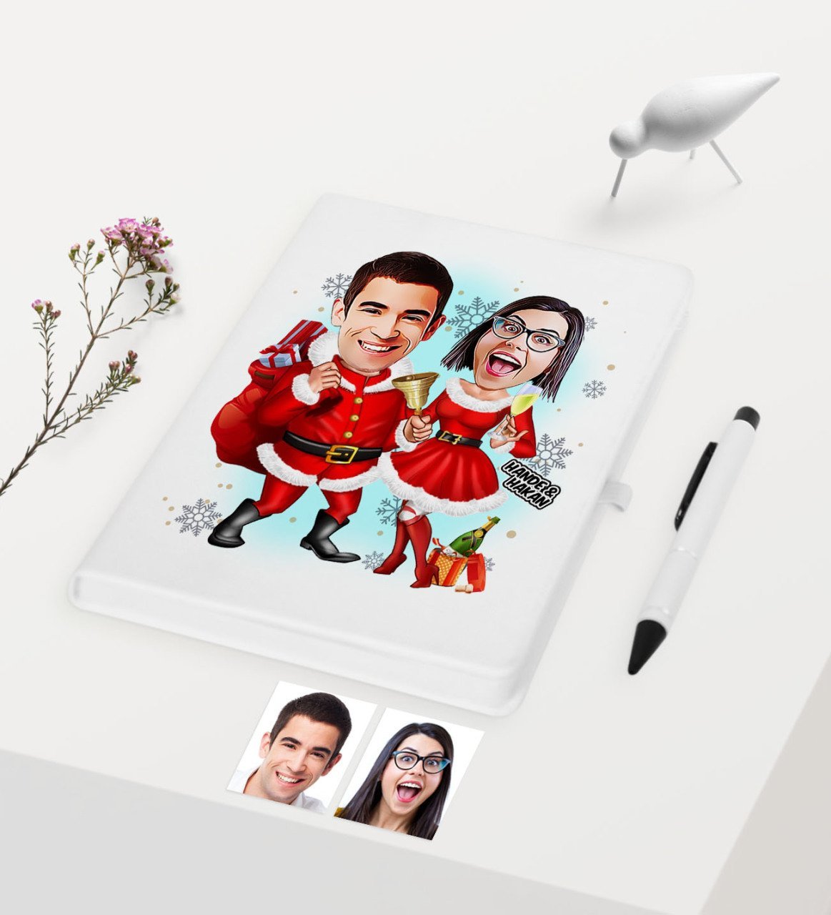 Kişiye Özel Yılbaşı Temalı Sevgililer Karikatürlü Beyaz Defter Kalem Seti - 3