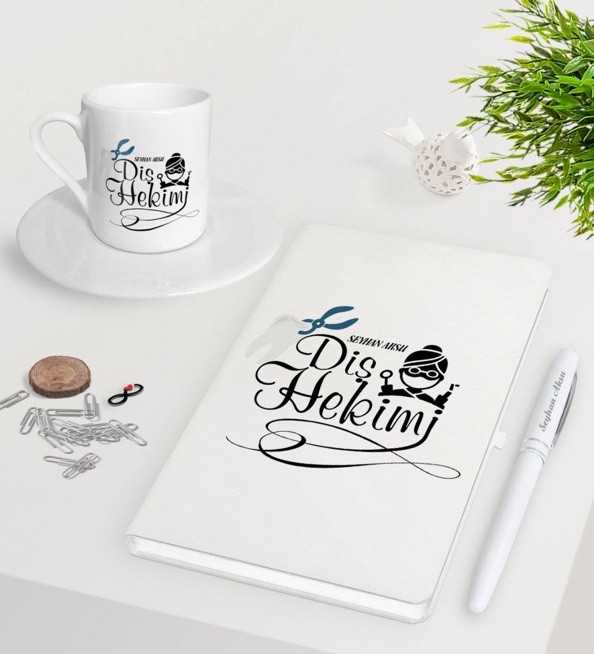Kişiye Özel Diş Hekimi Beyaz Defter Kalem Türk Kahvesi Fincanı Seti-2