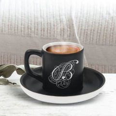 BK Gift Kişiye Özel Kaligrafi Harf Tasarımlı Siyah Renk Türk Kahvesi Fincanı-2, Arkadaşa Hediye, Sevgiliye Hediye, Yıl Dönümü Hediyesi