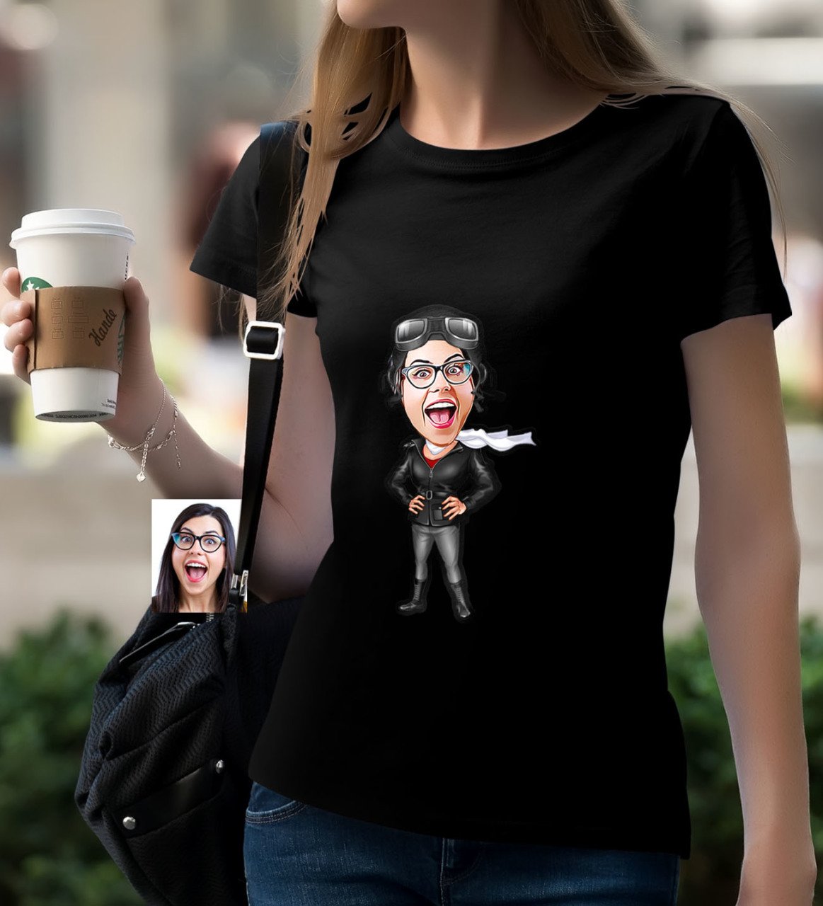 Kişiye Özel Bayan Pilot Karikatürlü Siyah T-Shirt