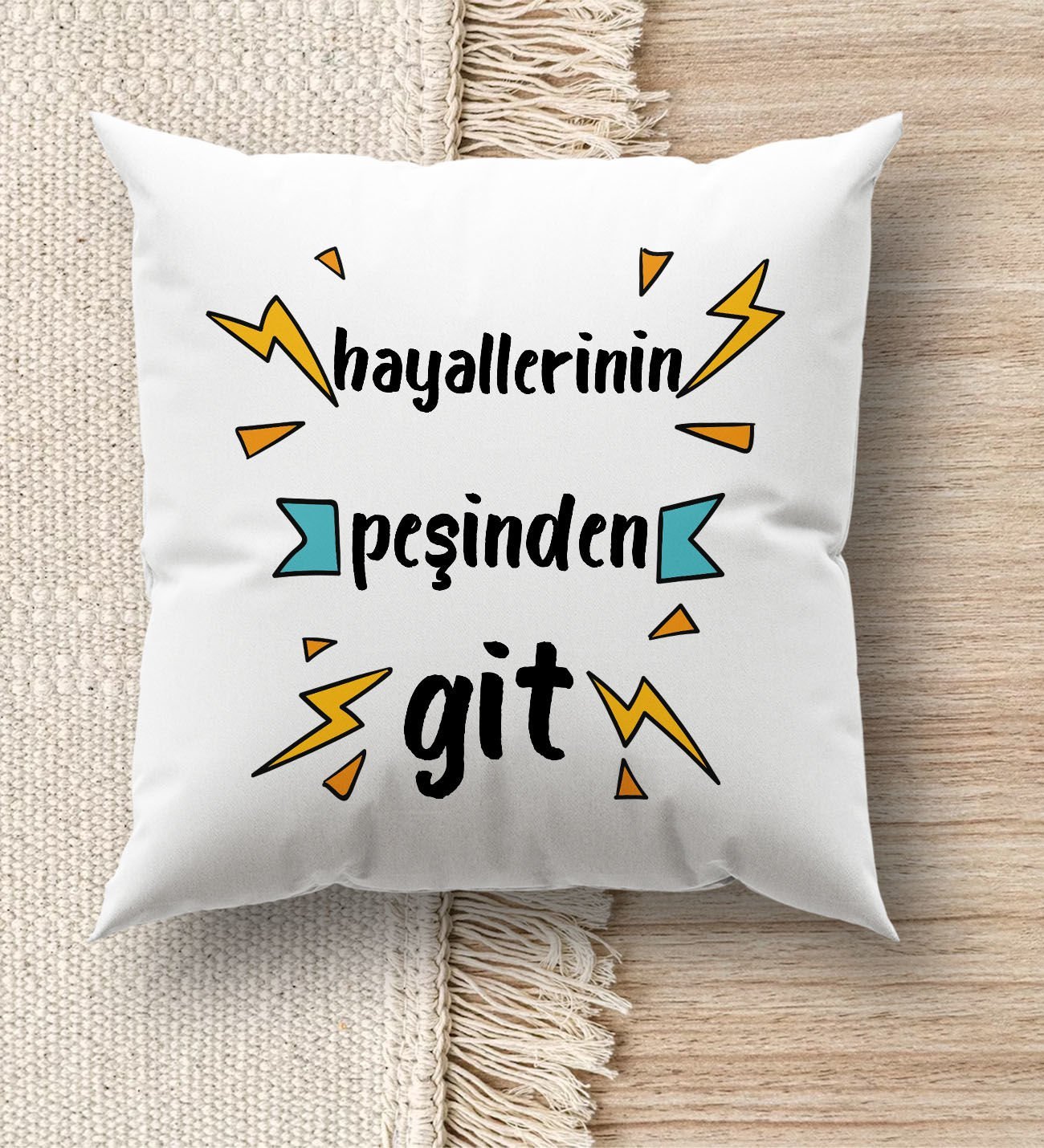 BK Gift Hayat Mottosu Tasarımlı Beyaz Kırlent Yastık, Ev Hediyesi, Ev Dekorasyonu, Dekoratif Hediye-5