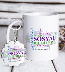 Kişiye Özel Sosyal Bilgiler Öğretmeni Beyaz Kupa ve Anahtarlık Hediye Seti-1