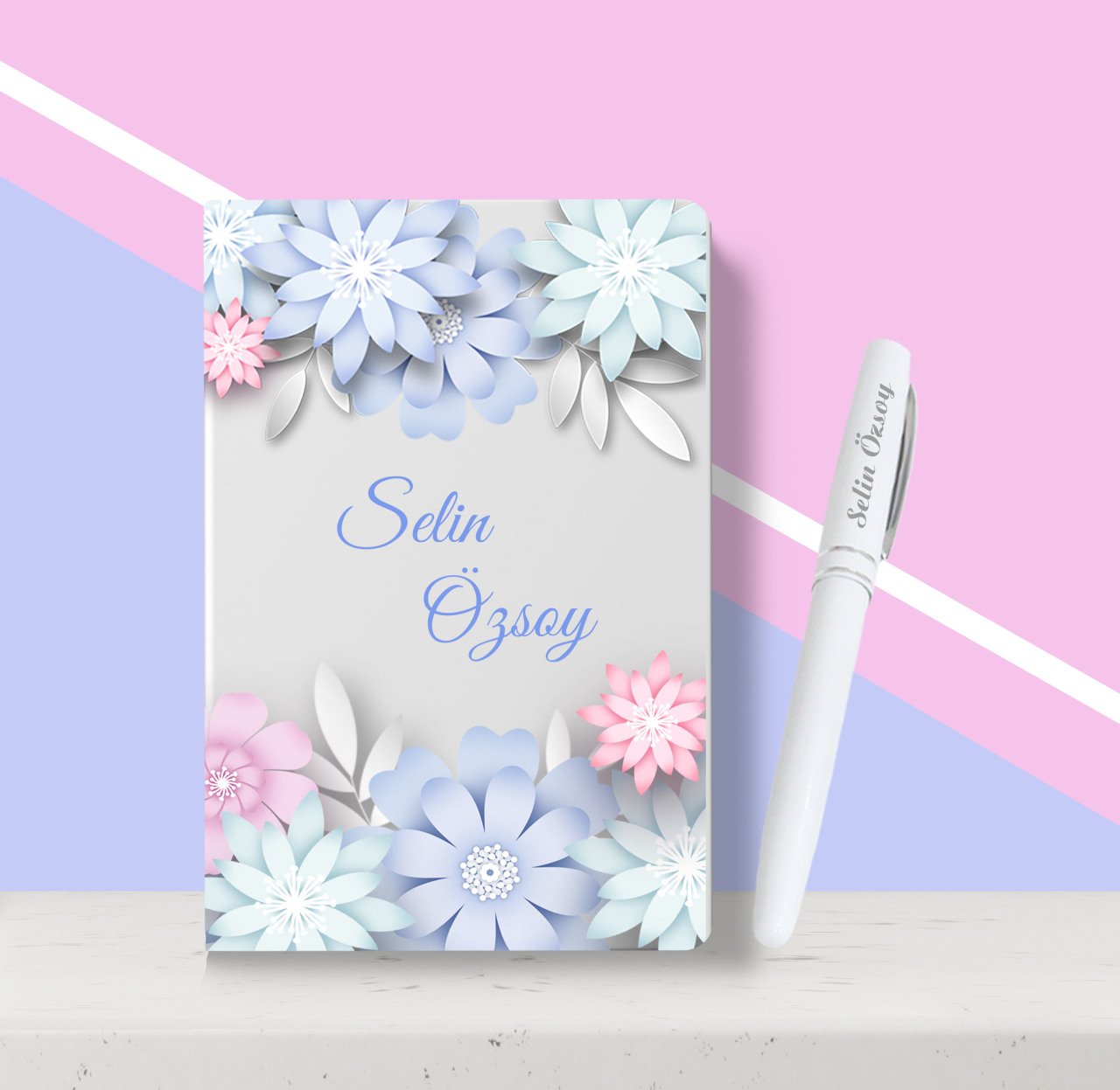 Kişiye Özel Çiçek Desenli Beyaz Defter Kalem Seti-5