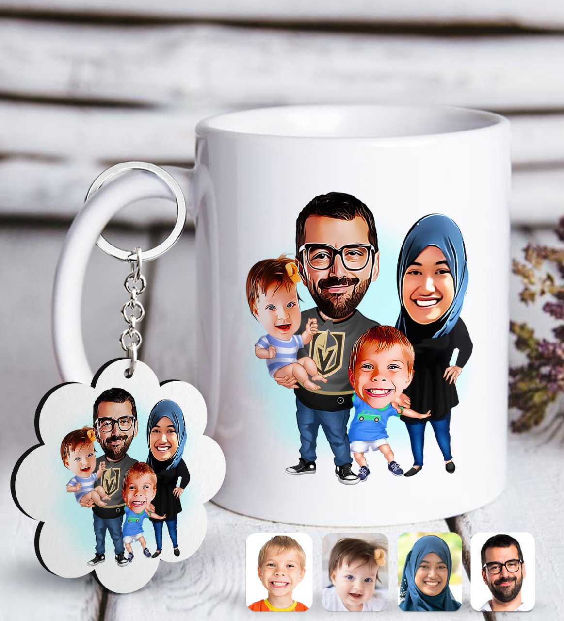 Kişiye Özel Tesettürlü Aile Karikatürlü Beyaz Kupa ve Anahtarlık Hediye Seti-3