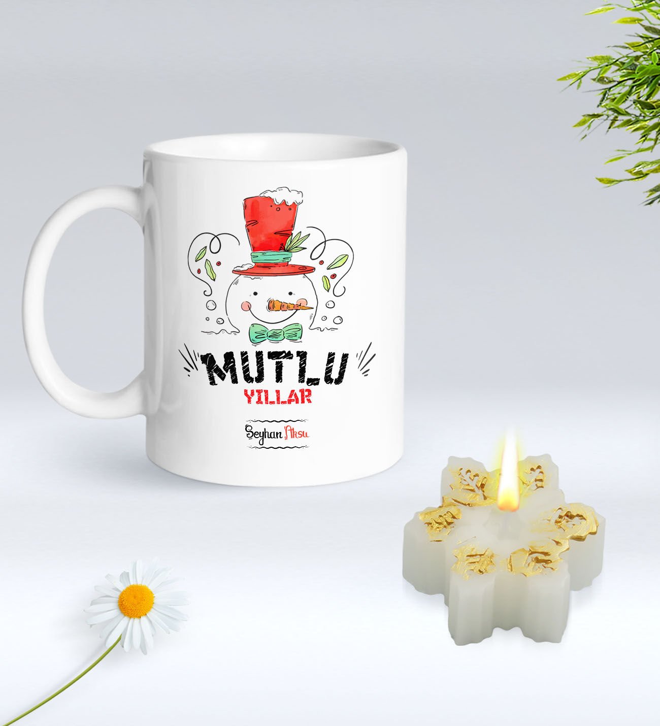 Yılbaşı Hediyesi BK Gift Kişiye Özel Yeni Yıl Tasarımlı Beyaz Kupa Bardak ve Kokulu Kar Tanesi Mum Hediye Seti-5, Sevgiliye Hediye, Arkadaşa Hediye