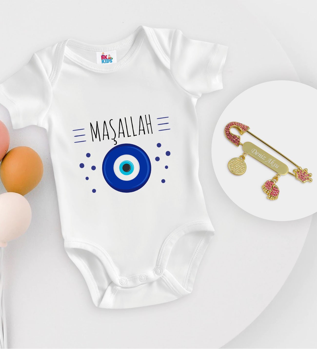 BK Kids Kişiye Özel Maşallah Tasarımlı Beyaz Bebek Body Zıbın ve Kız Bebek İğnesi Hediye Seti-1