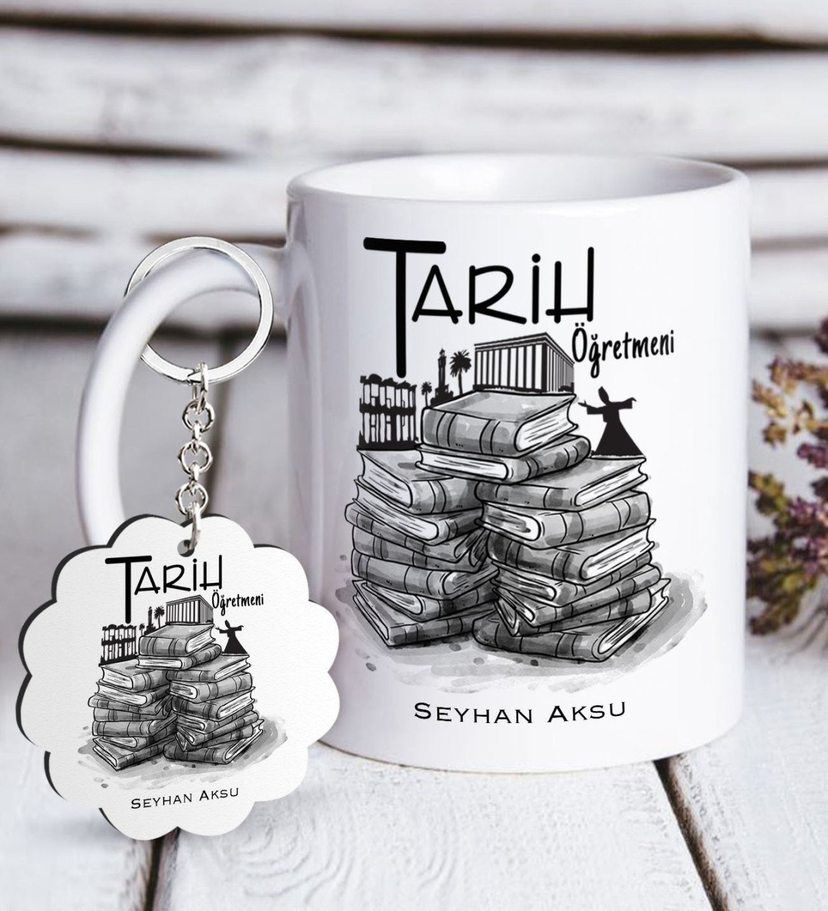 Kişiye Özel Tarih Öğretmeni Beyaz Kupa ve Anahtarlık Hediye Seti-1