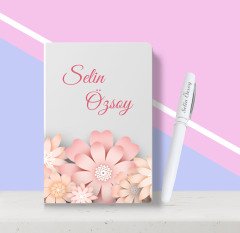 Kişiye Özel Çiçek Desenli Beyaz Defter Kalem Seti-7