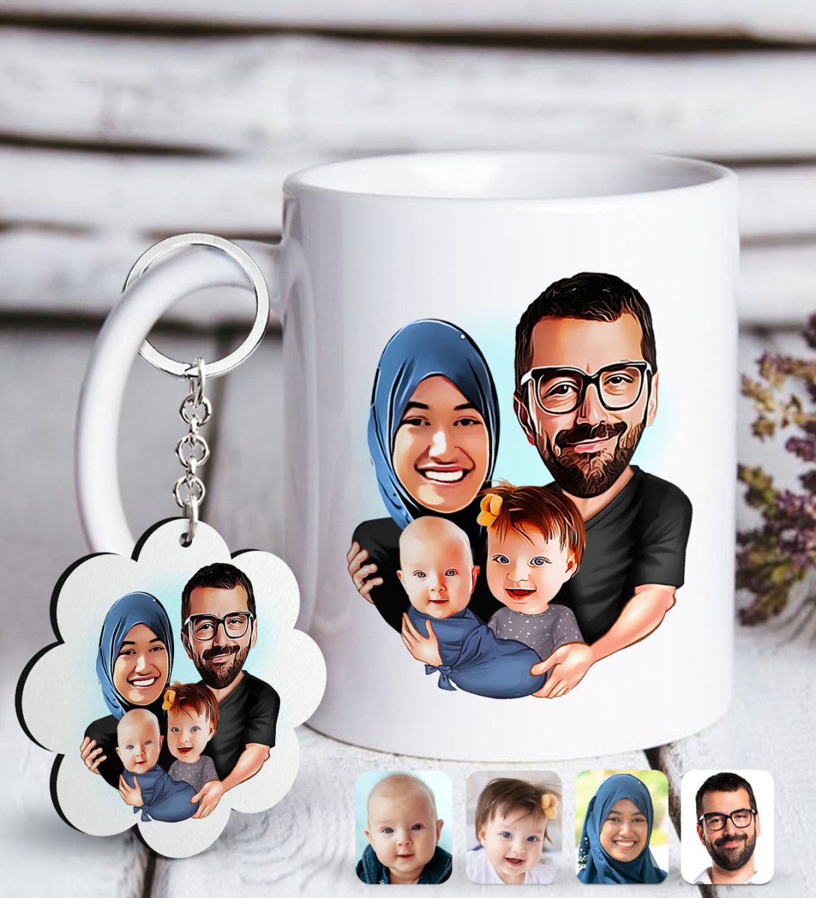 Kişiye Özel Tesettürlü Aile Karikatürlü Beyaz Kupa ve Anahtarlık Hediye Seti-4