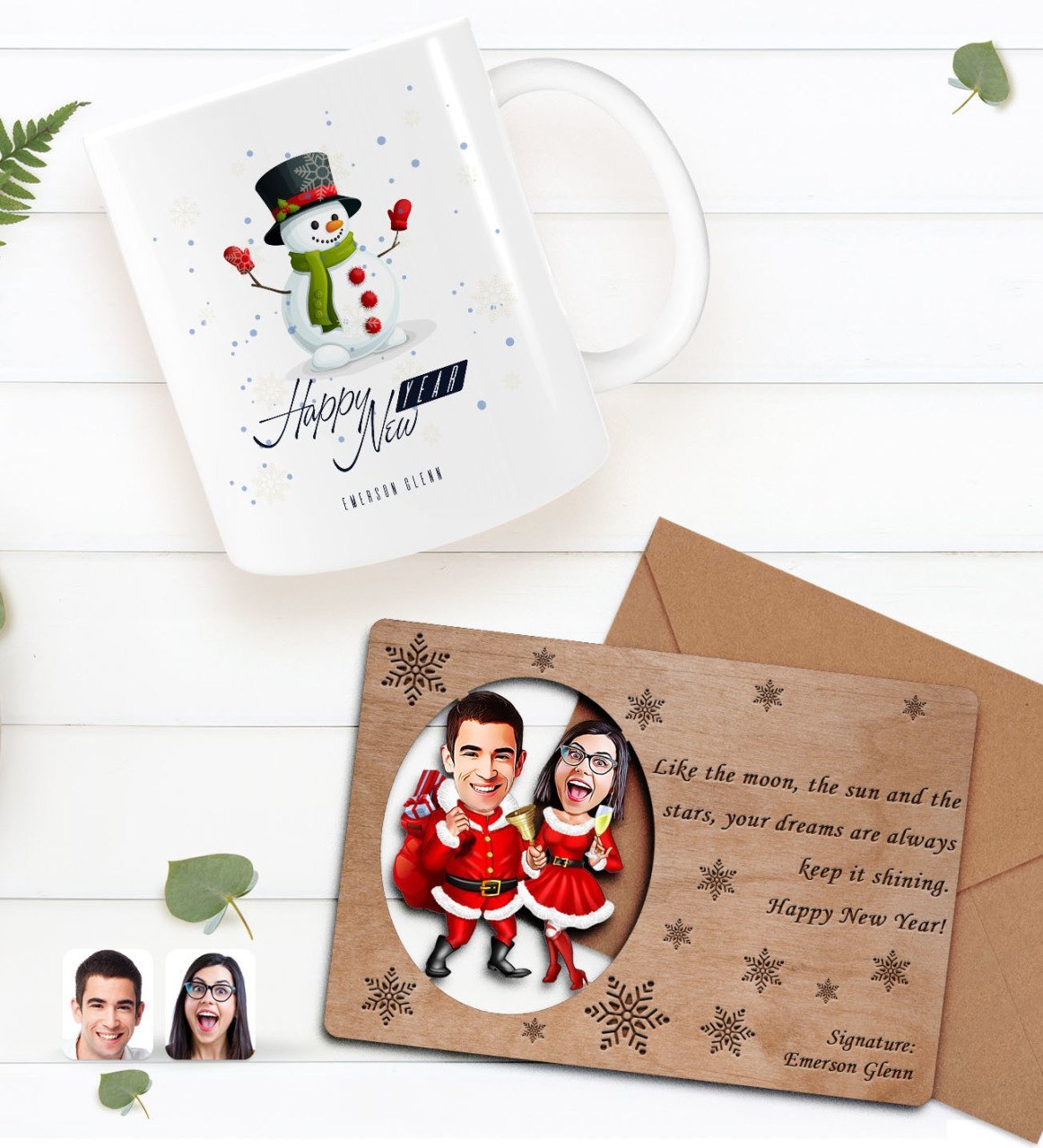 Kişiye Özel Happy New Year Kupa Bardak ve Retro Ahşap Yılbaşı Tebrik Kartı Hediye Seti-2E