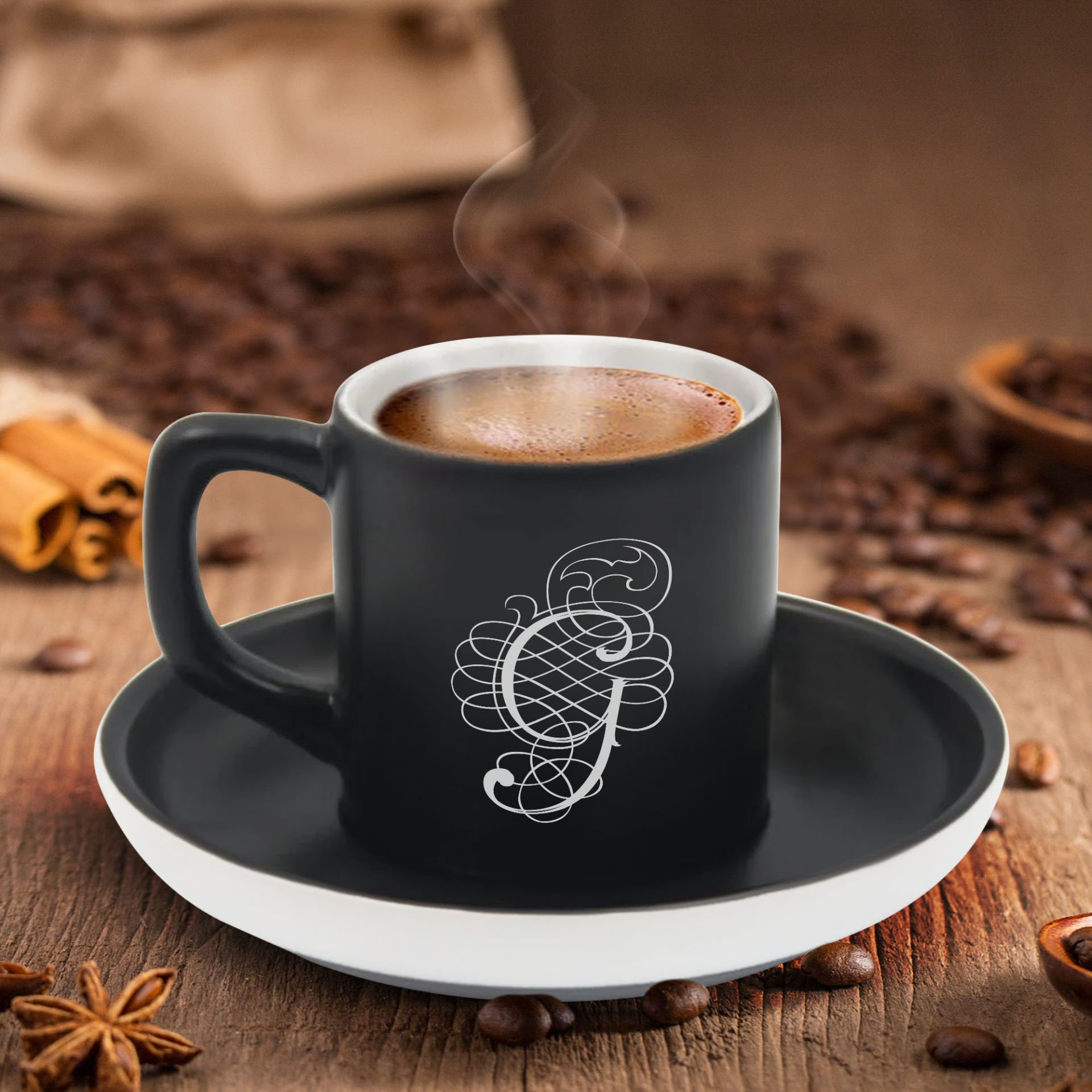 BK Gift Kişiye Özel Kaligrafi Harf Tasarımlı Siyah Renk Türk Kahvesi Fincanı-7, Arkadaşa Hediye, Sevgiliye Hediye, Yıl Dönümü Hediyesi