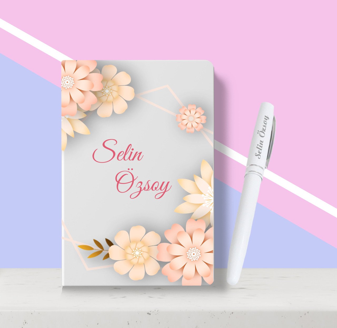 Kişiye Özel Çiçek Desenli Beyaz Defter Kalem Seti-9