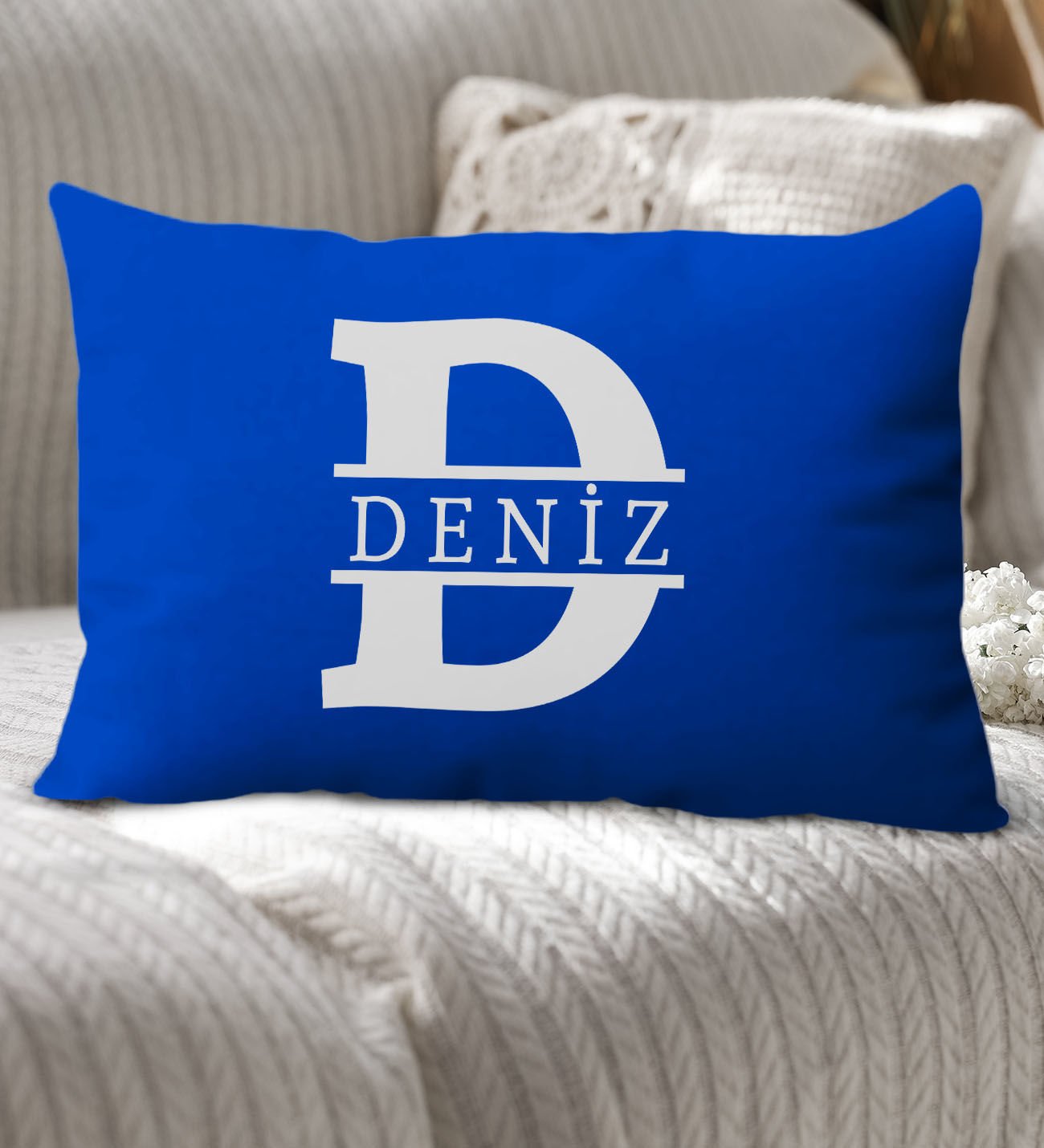 BK Gift Kişiye Özel Harfli Premium Kumaş Saks Mavi Dikdörtgen Yastık Kılıfı-1 (SADECE YASTIK KILIFI), Ev Dekorasyonu