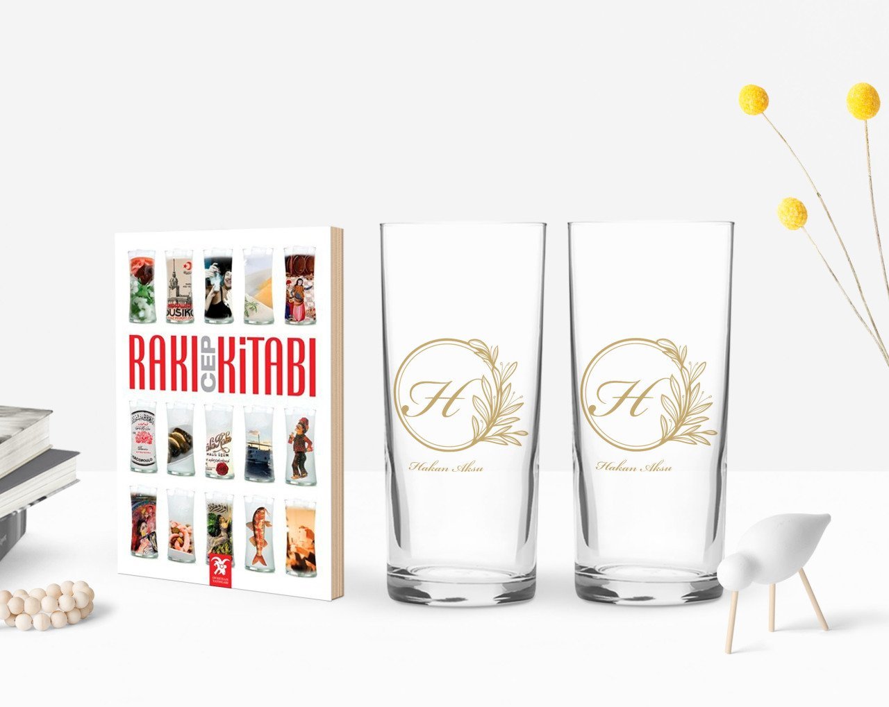 Kişiye Özel Renkli Baskılı Baş Harf İsim Tasarımlı İkili Rakı Bardağı ve Rakı Cep Kitabı Hediye Seti-8