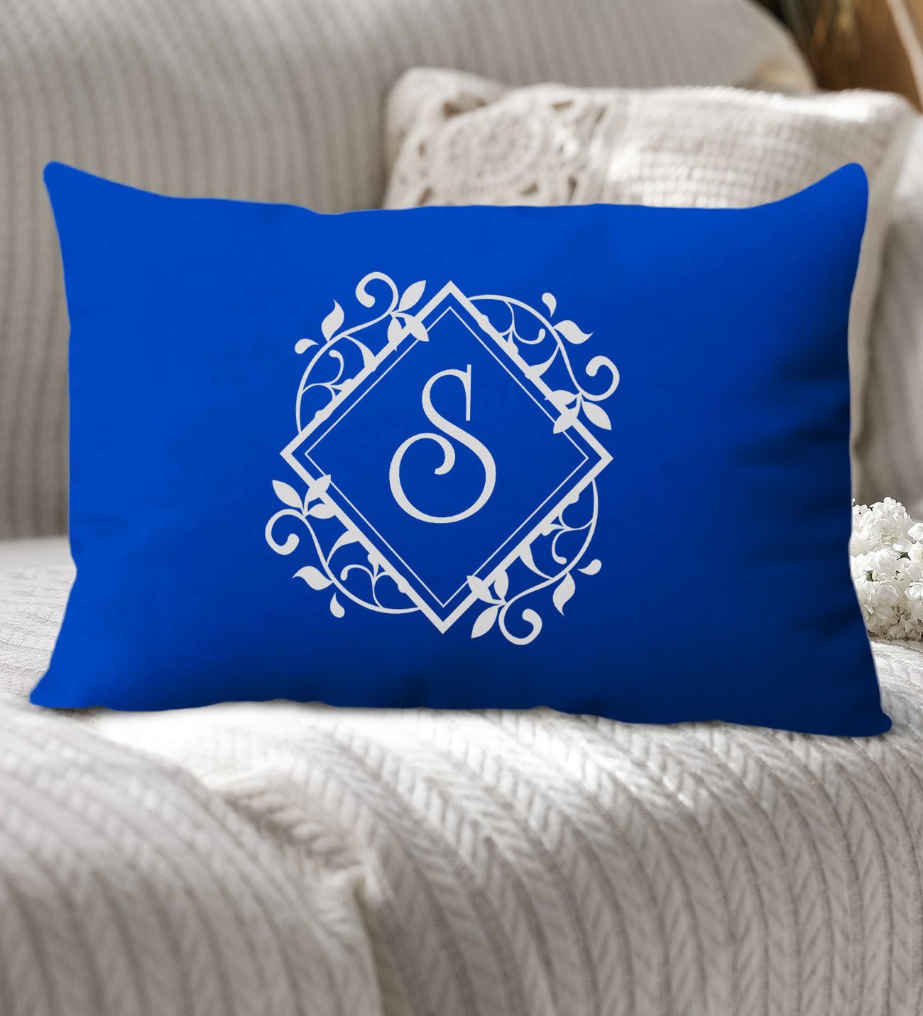 BK Gift Kişiye Özel Harfli Premium Kumaş Saks Mavi Dikdörtgen Yastık Kılıfı-2 (SADECE YASTIK KILIFI), Ev Dekorasyonu
