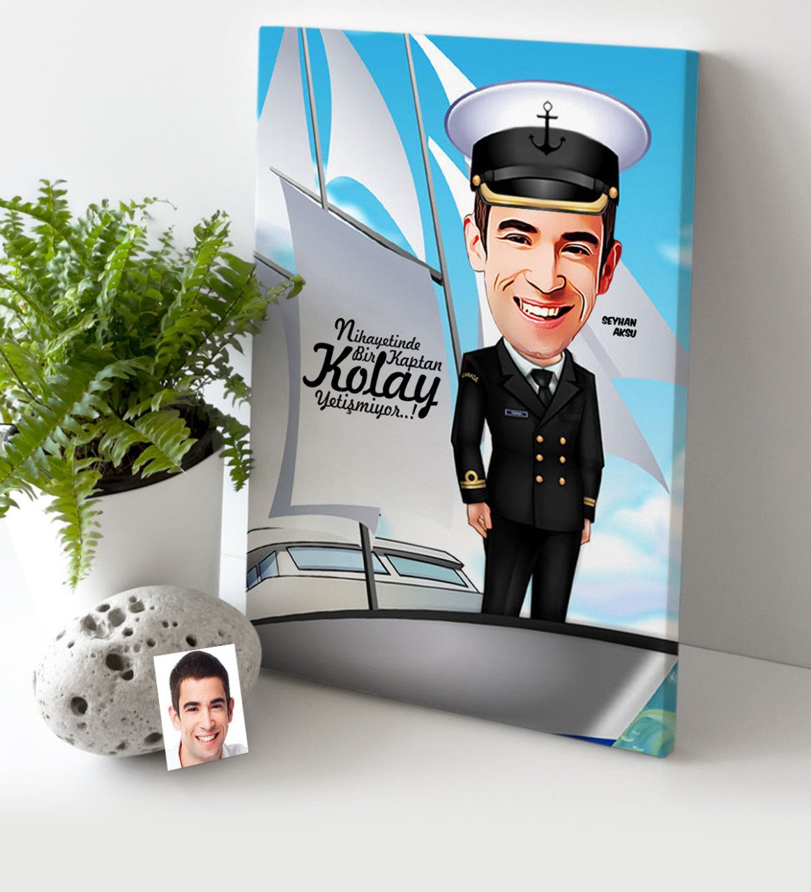 Kişiye Özel Bay Gemi Kaptanı Karikatür Kanvas Tablo (30 x 50 cm.) 1