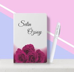 Kişiye Özel Çiçek Desenli Beyaz Defter Kalem Seti-12