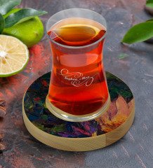 Kişiye Özel Modern Art Tasarımlı Doğal Ahşap Tabaklı Heybeli Çay Bardağı Model 20