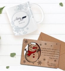 Kişiye Özel Happy New Year Kupa Bardak ve Retro Ahşap Yılbaşı Tebrik Kartı Hediye Seti-3D