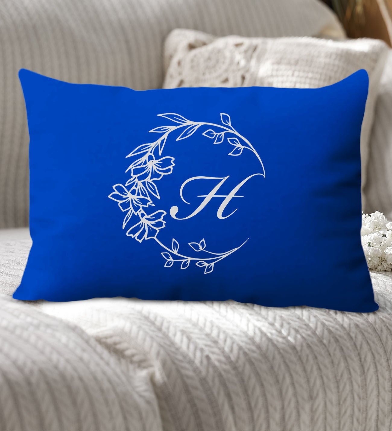 BK Gift Kişiye Özel Harfli Premium Kumaş Saks Mavi Dikdörtgen Yastık Kılıfı-4 (SADECE YASTIK KILIFI), Ev Dekorasyonu