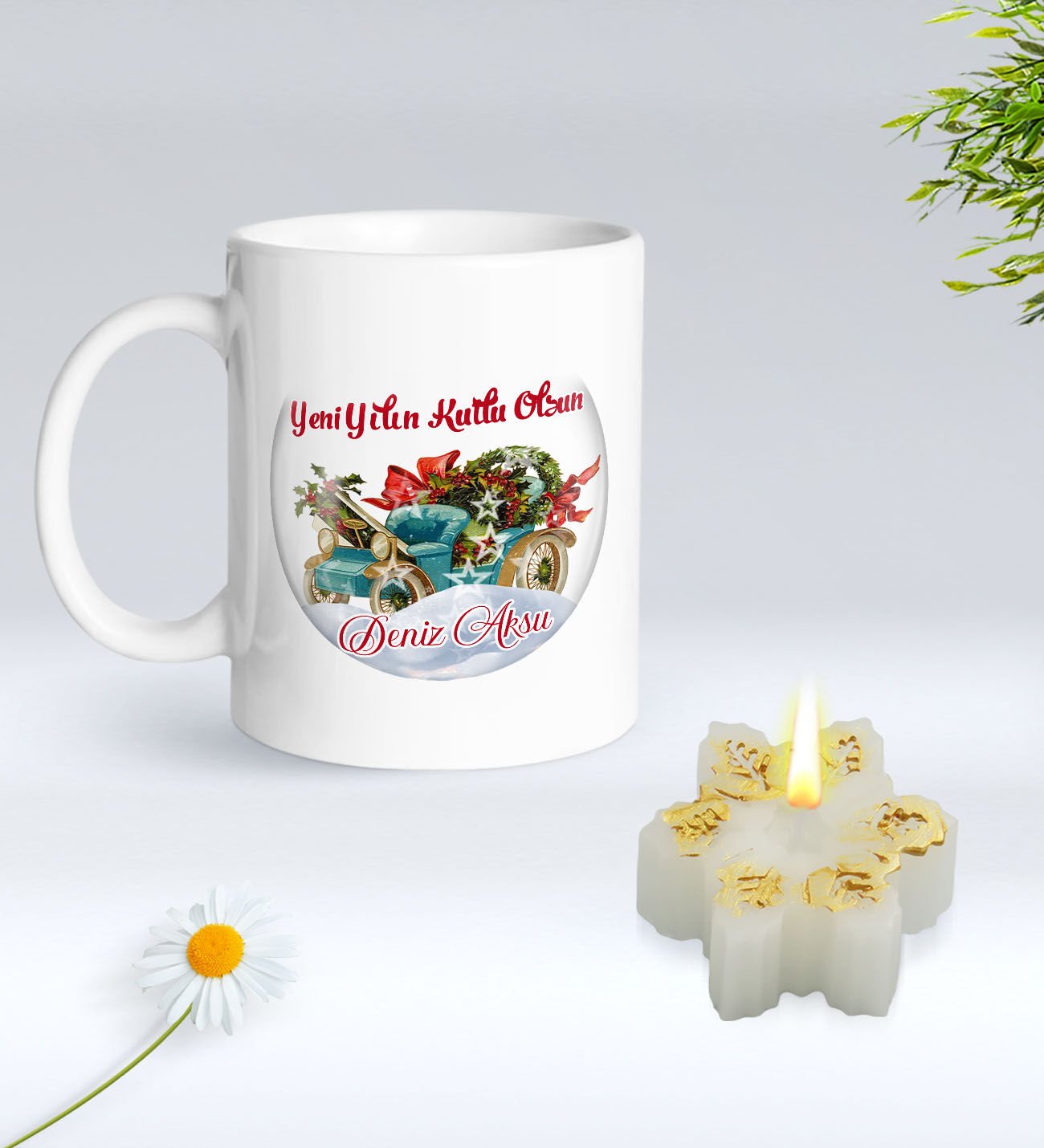 Yılbaşı Hediyesi BK Gift Kişiye Özel Yeni Yıl Tasarımlı Beyaz Kupa Bardak ve Kokulu Kar Tanesi Mum Hediye Seti-12, Sevgiliye Hediye, Arkadaşa Hediye