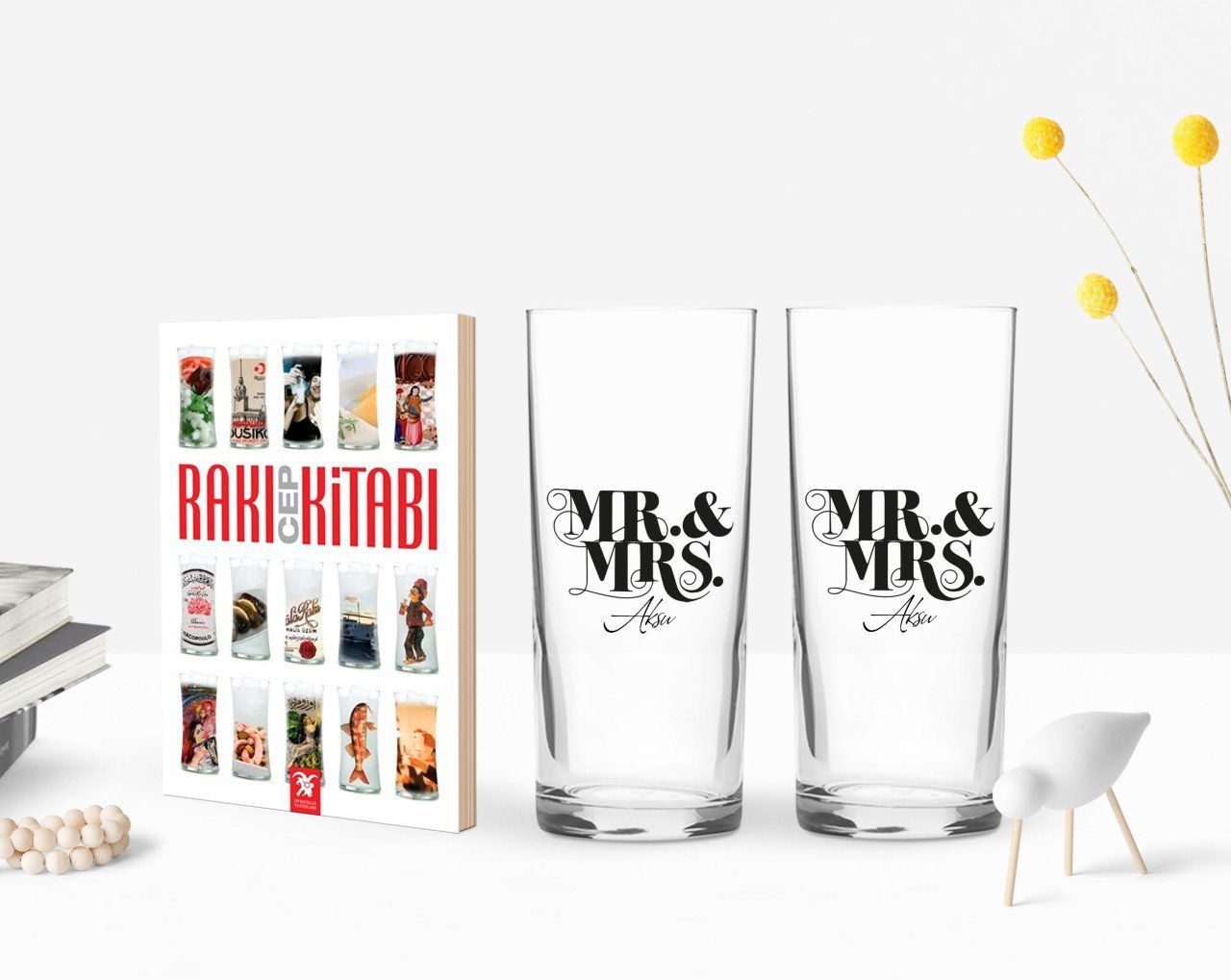 Kişiye Özel Renkli Baskılı Bay ve Bayan Tasarımlı İkili Rakı Bardağı ve Rakı Cep Kitabı Hediye Seti-1