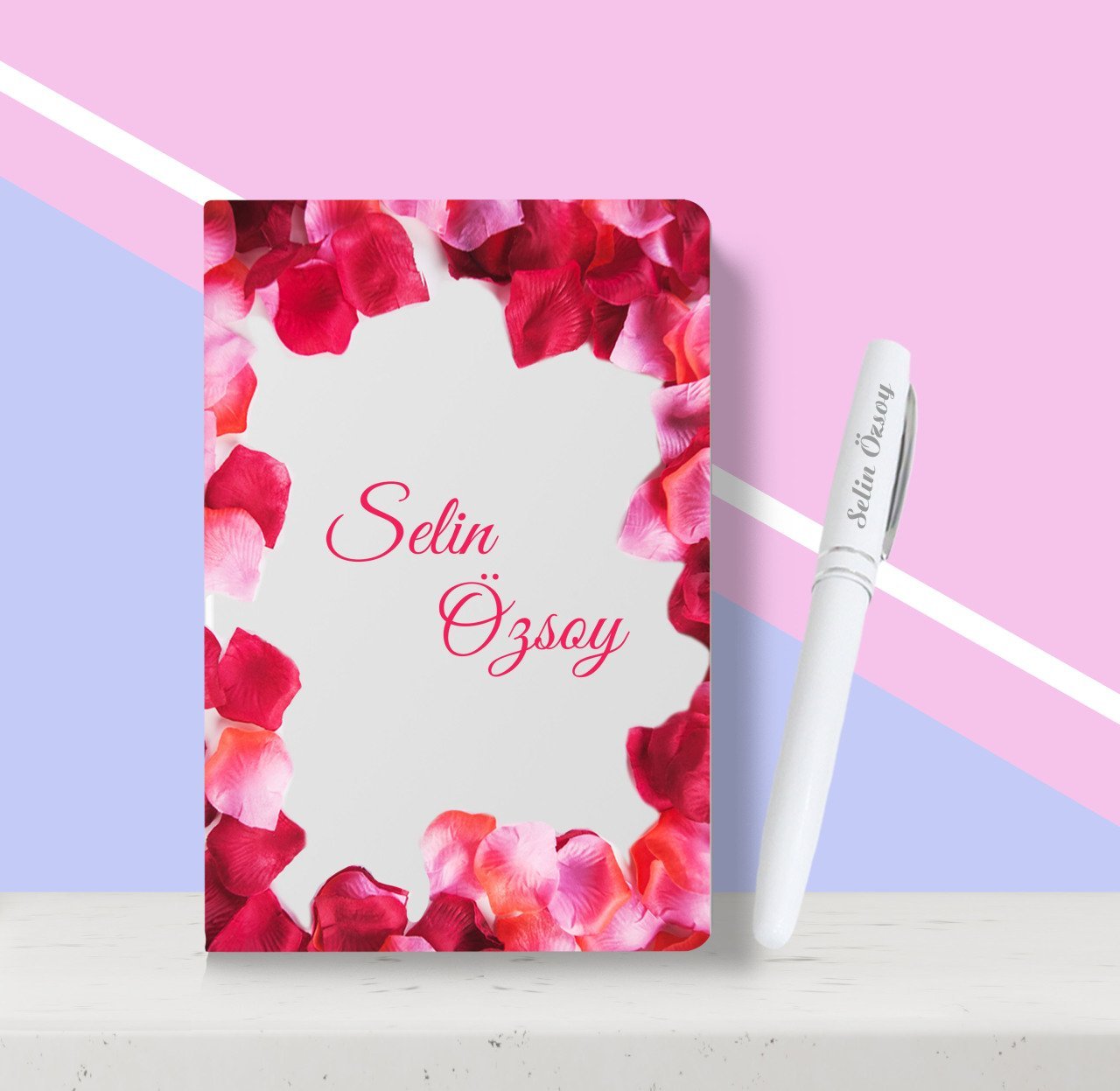 Kişiye Özel Gül Yaprakları Desenli Beyaz Defter Kalem Seti-1