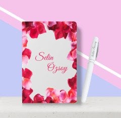 Kişiye Özel Gül Yaprakları Desenli Beyaz Defter Kalem Seti-1