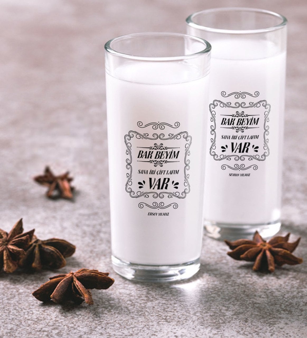 Kişiye Özel Renkli Baskılı Yeşilçam Replikleri Bak Beyim İkili Rakı Bardağı Seti-1