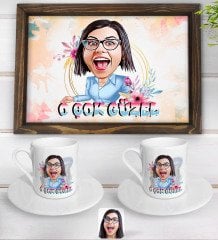 Kişiye Özel O Çok Güzel Karikatürlü Doğal Ahşap Tepsi ve 2’li Kahve Fincan Seti-1