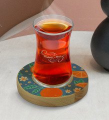 Kişiye Özel Portakal Tasarımlı Doğal Ahşap Tabaklı Heybeli Çay Bardağı Model 1