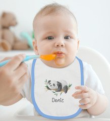BK Kids Kişiye Özel Panda Tasarımlı Mavi Bebek Body Zıbın ve Mama Önlüğü Hediye Seti