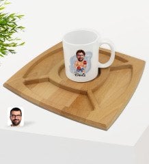 Kişiye Özel Erkek Boksör Karikatürlü Beyaz Kupa ve Doğal Masif Ahşap 4 Bölmeli Sunum Tabağı Çerezlik Hediye Seti-1