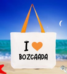 BK Gift I Love Bozcaada Turuncu Renkli Kulp Kanvas Plaj Çantası 48x40m, Baskılı Omuz Çantası, Alışveriş Çantası