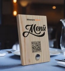 BK Gift Restoran & Cafe & Barlara Özel Doğal Ahşap QR Menü Standı – Metal Ayaklı (10x15 cm), Cafe&Bar için QR kodlu Tabela, QR kodlu Masa Dekoru - 5 ADET-1