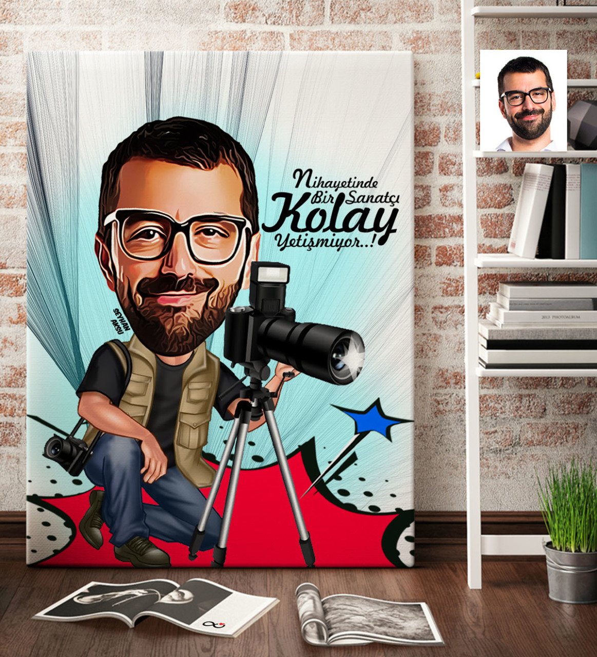 Kişiye Özel Bay Fotoğraf Sanatçısı Karikatür Kanvas Tablo (70 x 100 cm.) 1